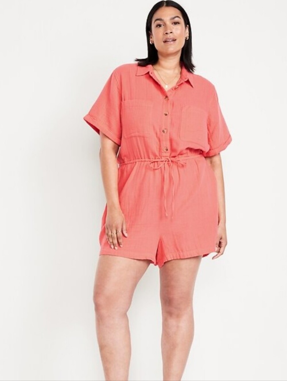 Old Navy Waist-Defined Crinkle Gauze Romper Coral Pink Large Tall NWT
